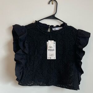 Zara NWT Black Ruffle Crochet Top Cottagecore Medium Coastal
